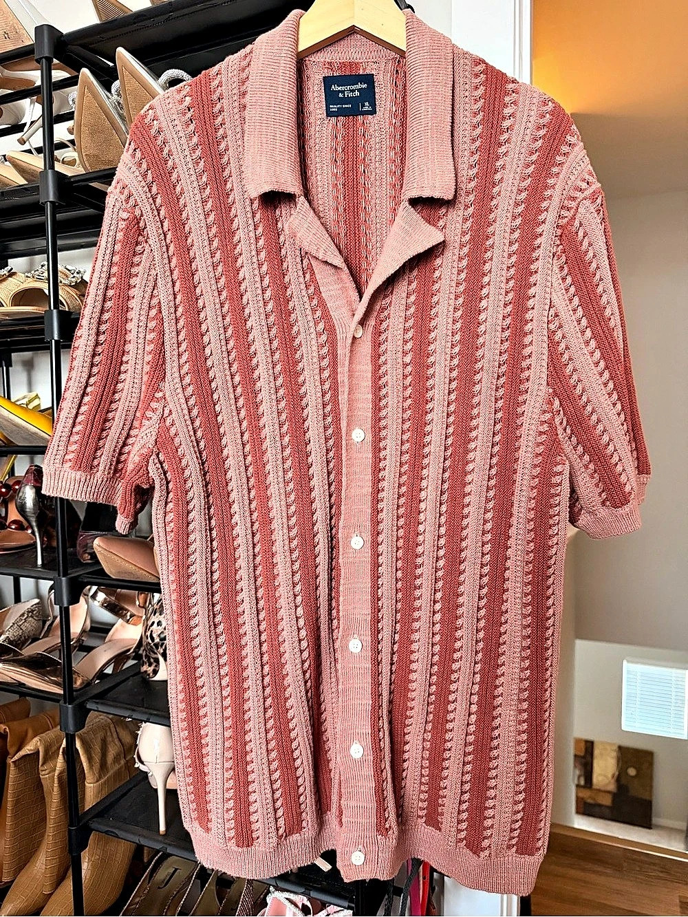 Abercrombie & Fitch Crochet-Style Striped Button-Through Sweater Polo Sweater